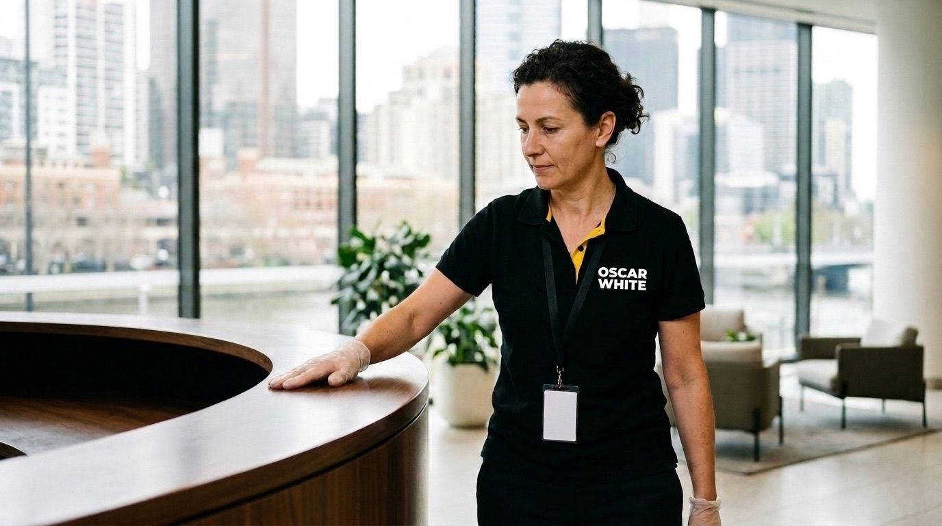 Oscar White supervisor checking the finish on a polished reception desk in a Melbourne office
