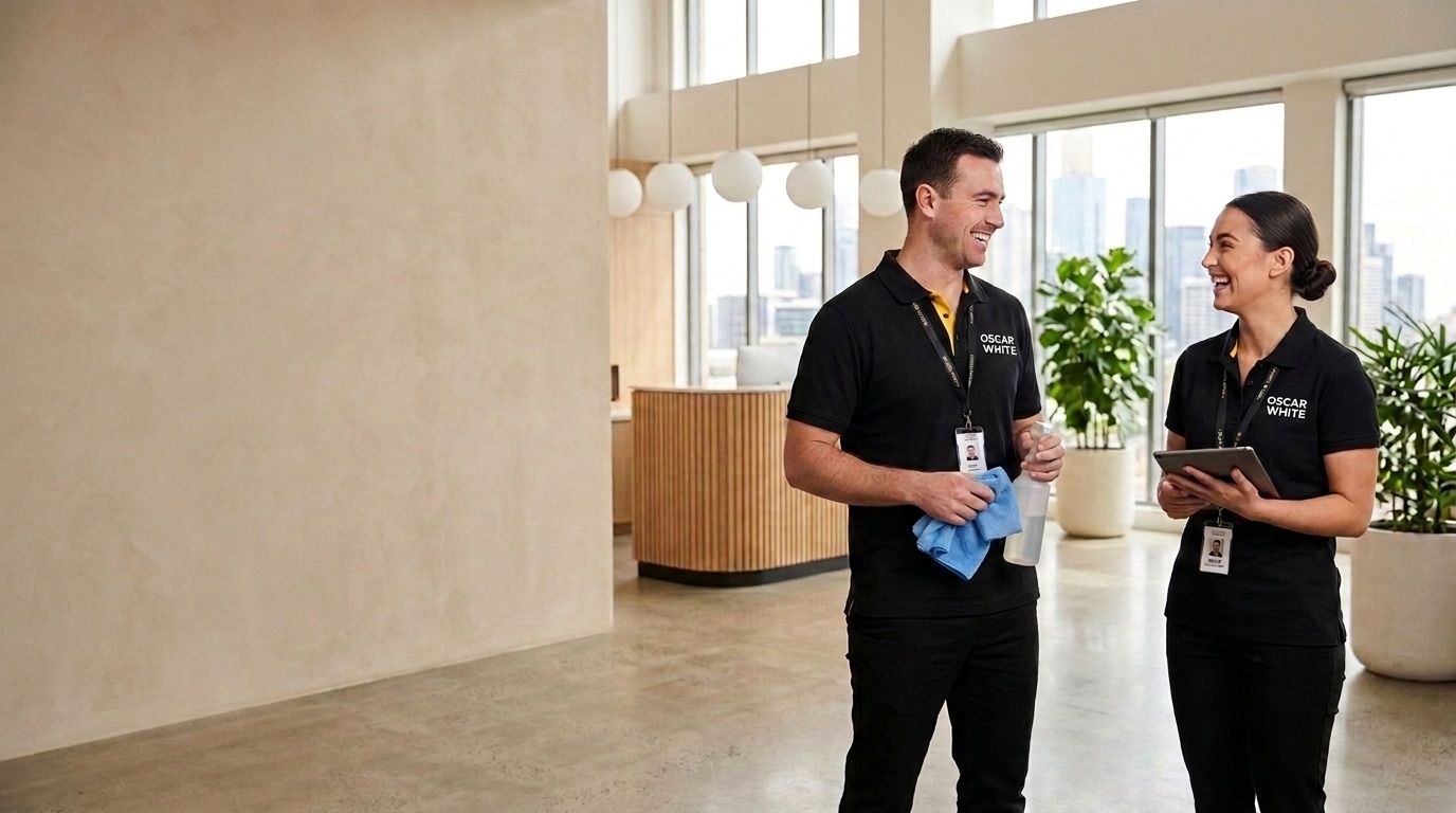 Two Oscar White cleaning professionals in a bright Melbourne office reception