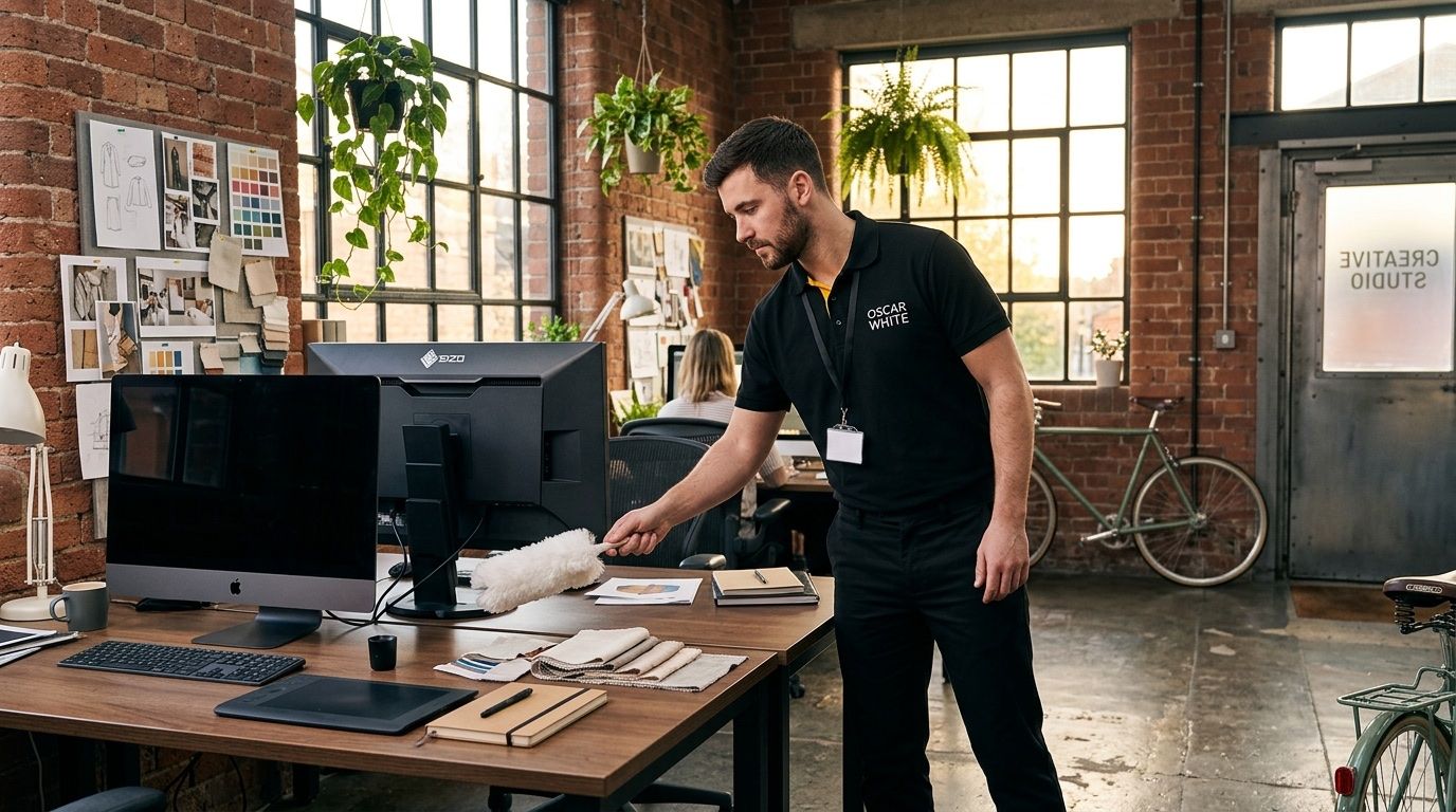 Oscar White cleaner carefully dusting a design workstation in a converted warehouse creative studio