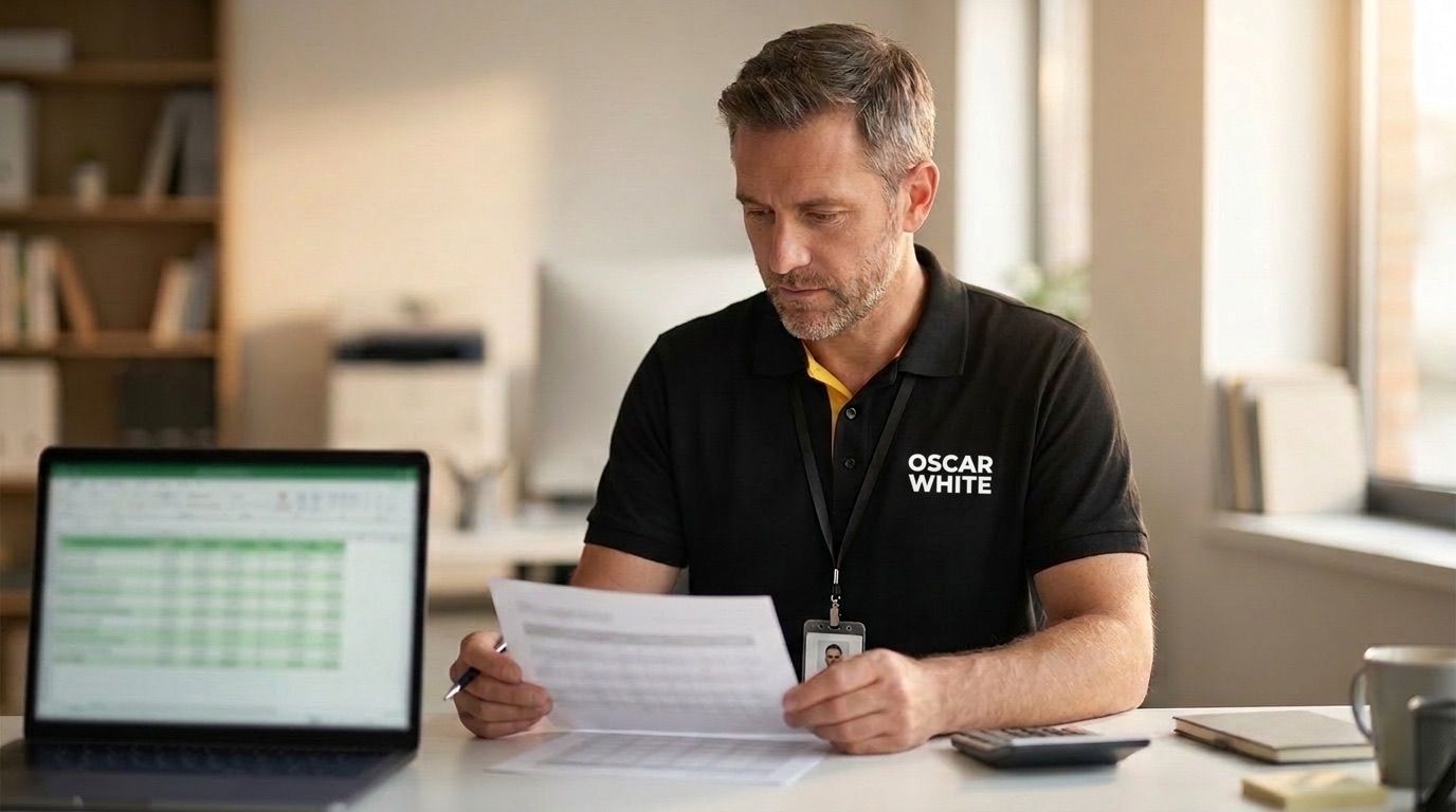 Oscar White supervisor reviewing a printed pay-rate table beside a spreadsheet while preparing client rate letters