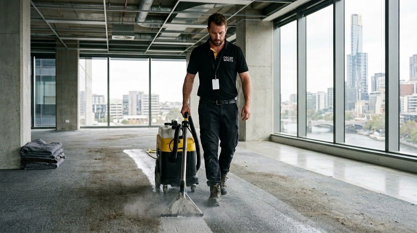 Oscar White cleaner running a carpet extraction machine across an emptied office tenancy at lease handover