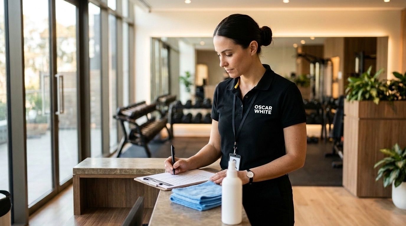 Oscar White supervisor ticking a cleaning schedule on a clipboard at a gym reception counter before opening