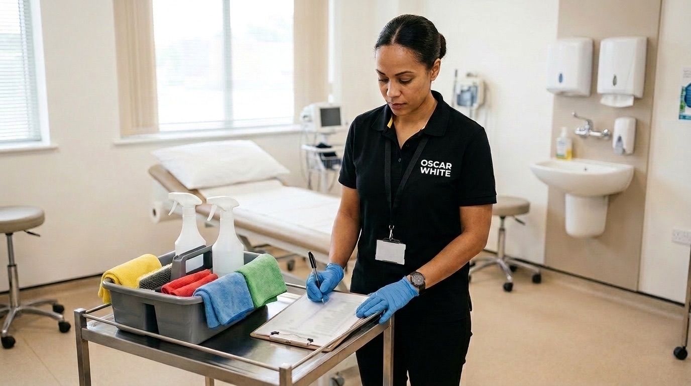 Oscar White cleaner ticking a cleaning checklist beside colour-coded cloths in a medical treatment room