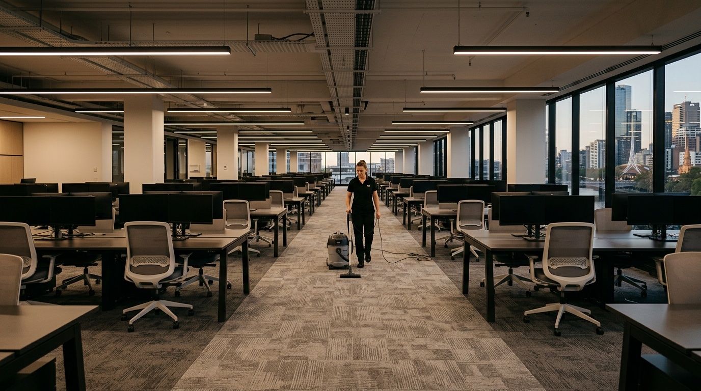 A single Oscar White cleaner vacuuming a vast empty open-plan Melbourne office floor at dusk