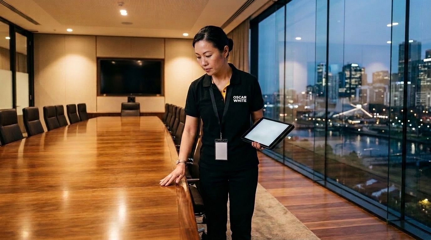Oscar White supervisor inspecting a polished boardroom table against a checklist on a tablet