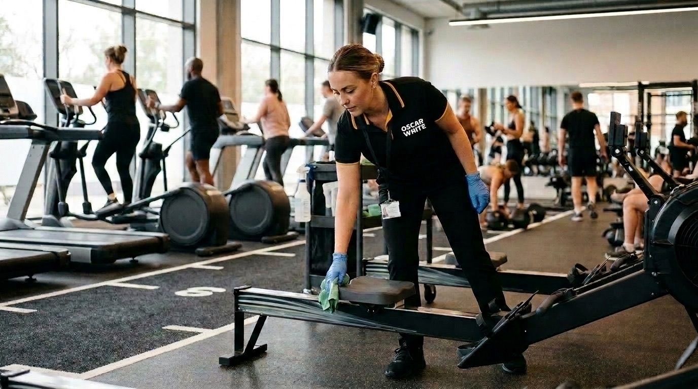 Oscar White cleaner detailing equipment in a fitness studio