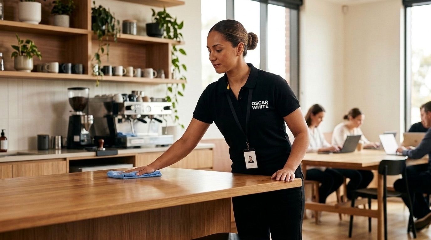 Oscar White team cleaning a coworking & retail space