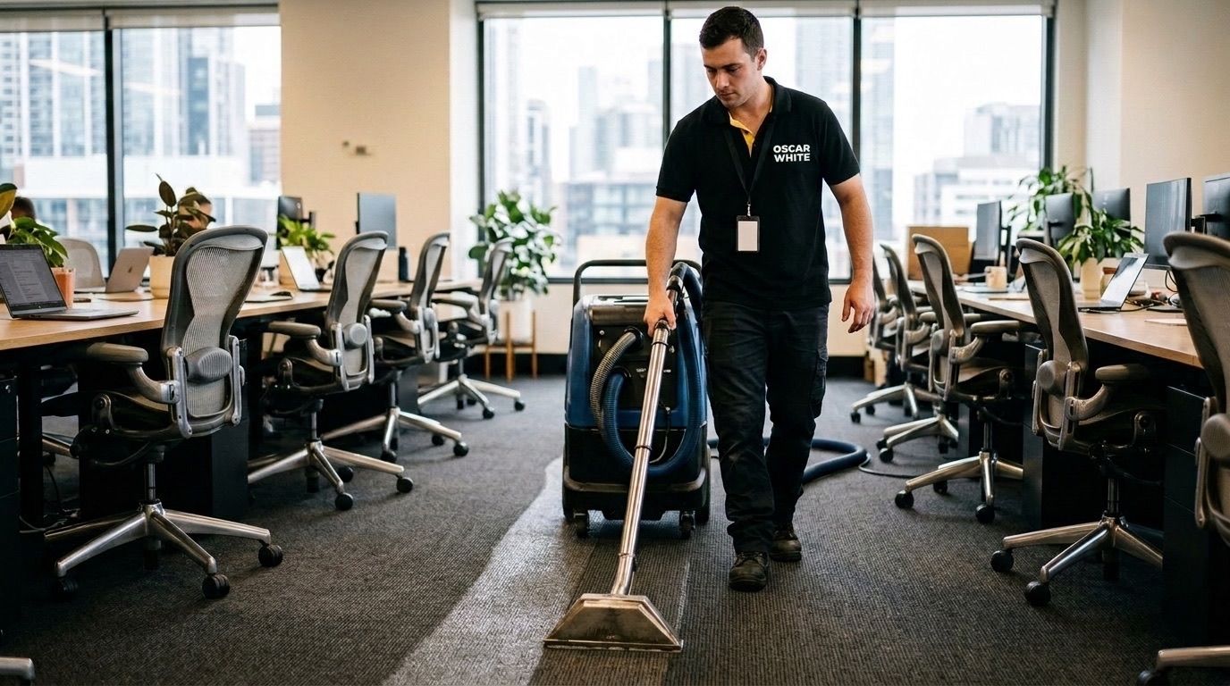 Oscar White cleaner running a carpet extraction machine across an occupied Melbourne office floor