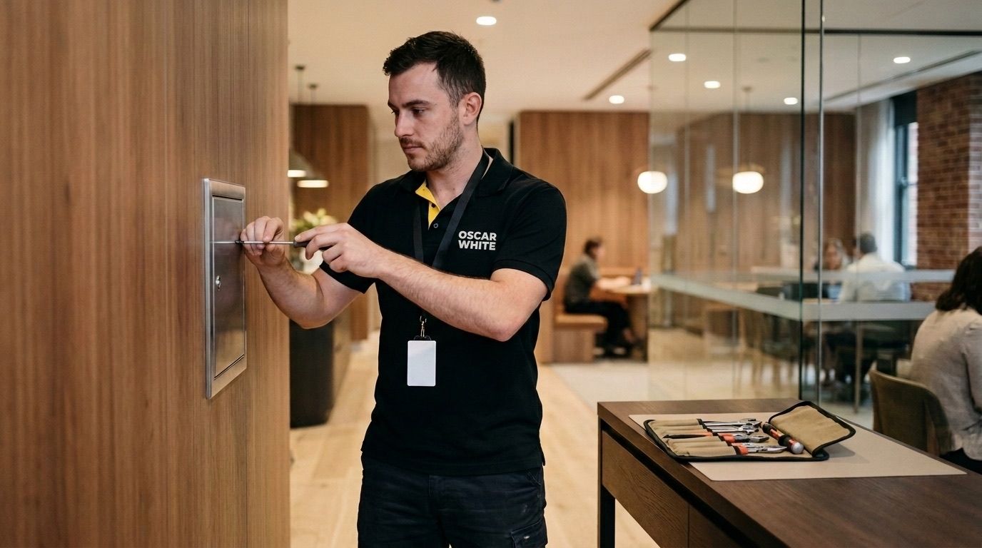 Oscar White facility maintenance technician servicing a wall fixture with a screwdriver in a premium Melbourne office