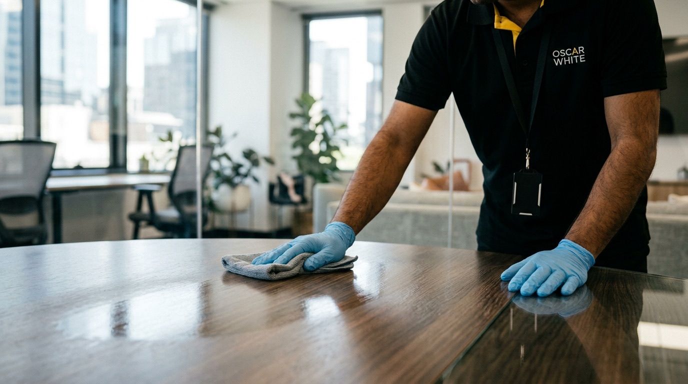 Oscar White cleaner wiping a boardroom table to a streak-free finish in a Melbourne corporate office