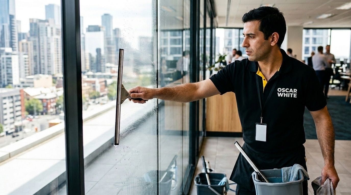 Oscar White cleaner drawing a squeegee down interior office glass, leaving a streak-free finish